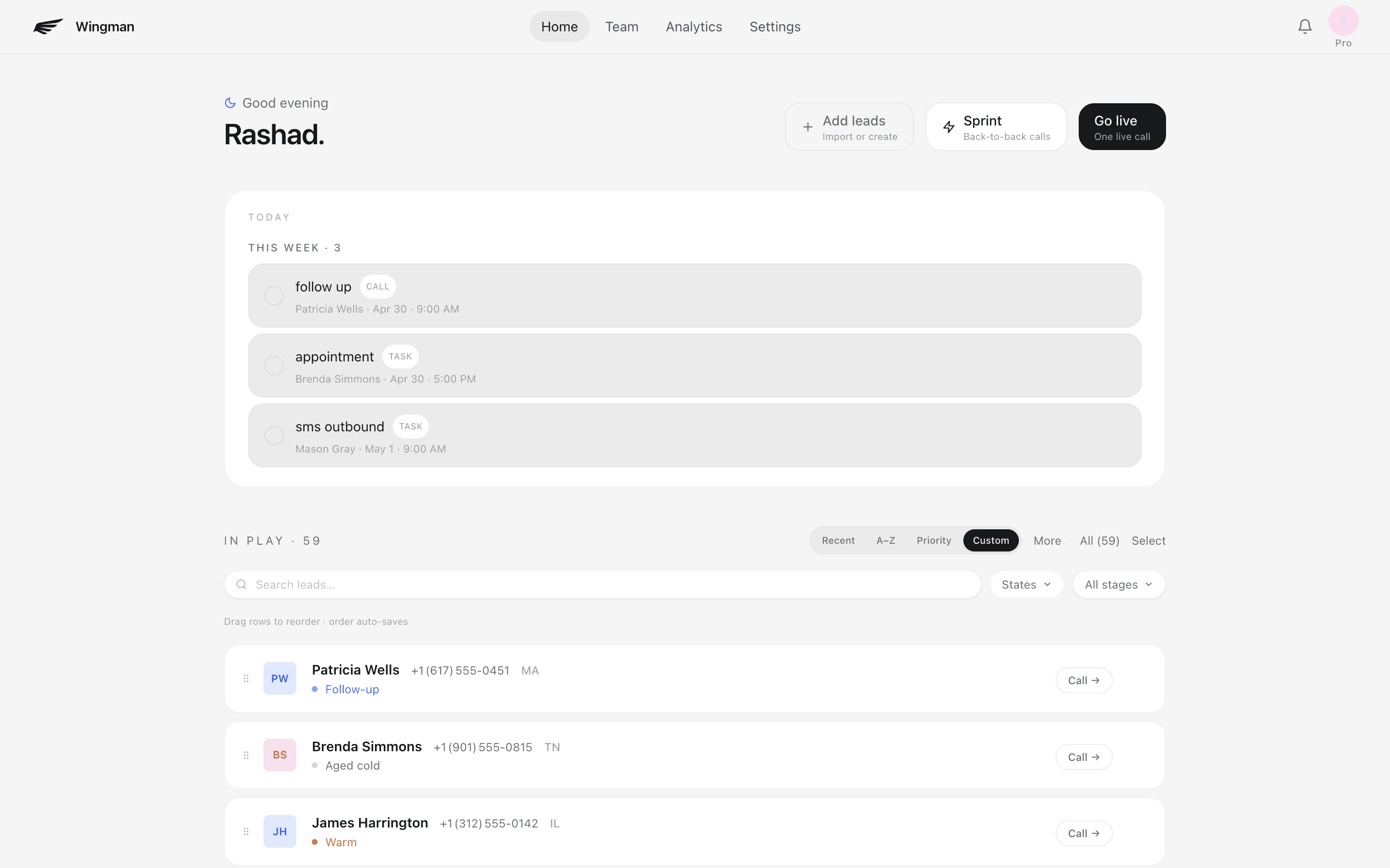 Wingman home — today's tasks and the in-play lead queue.